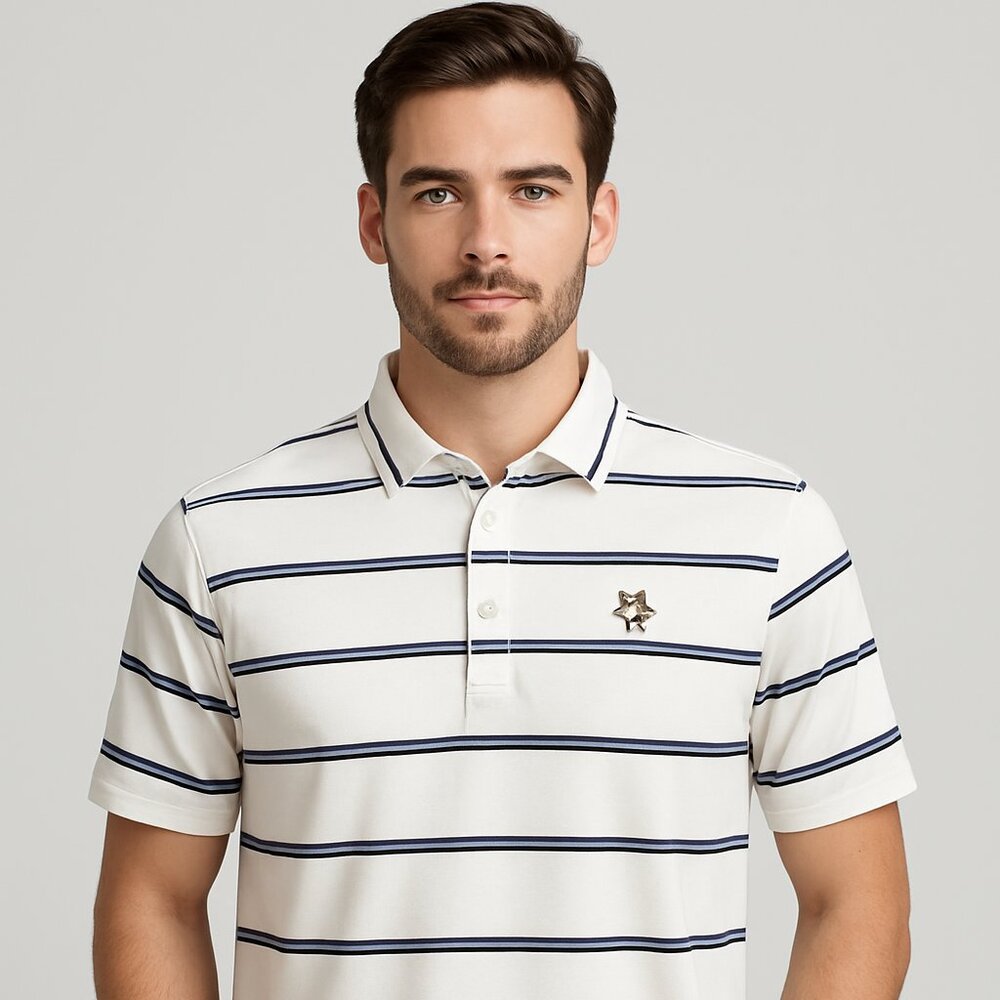 FootJoy White & Navy Striped Polo Shirt with Fox Logo – Size Medium